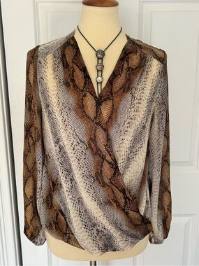 TAHARI Python Print Faux Wrap Blouse in Brown & Cream